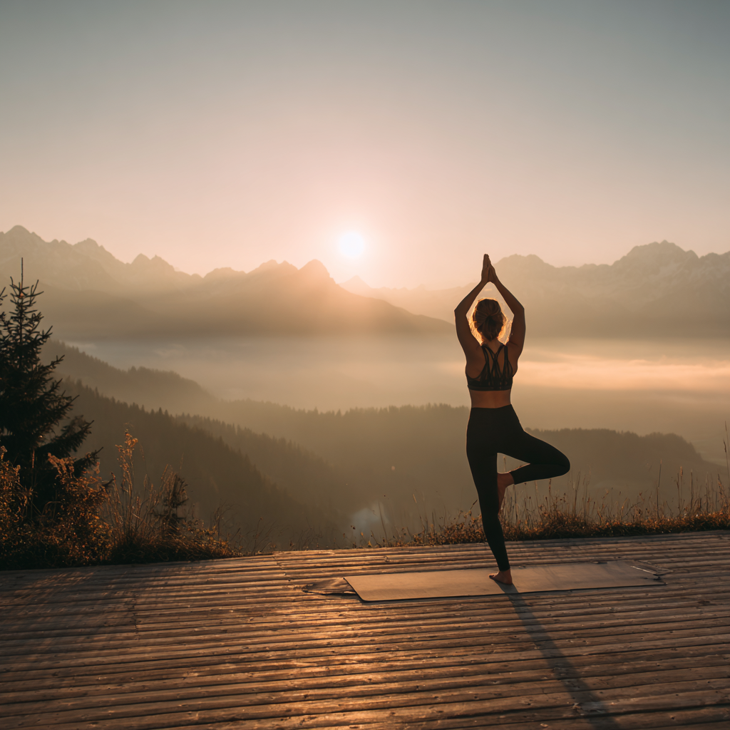 Жена практикува йога на фона на залез слънце — поза за равновесие и спокойствие